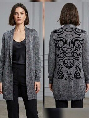 Belldini Metallic Silver Shimmer Cardigan with Intricate Graphic Back Detail, S